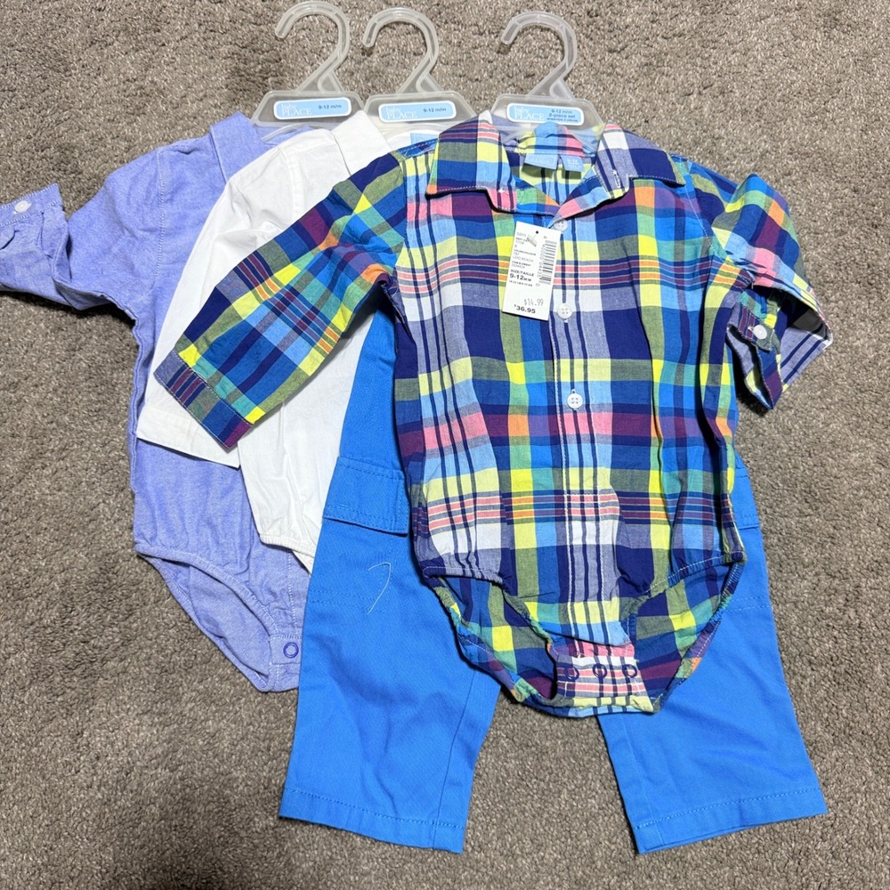 The Childrens Place Baby Boys 9-12M 4pc Lot Bodysuits Plaid Oxford Blue Pant NWT